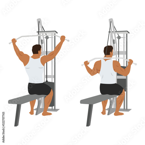 Man doing Behind the neck lat pulldown flat vector illustration isolated on white background