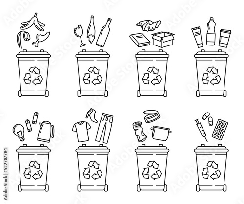Set of garbage bins for recycling different types of waste. Sorting and recycling waste. vector illustration