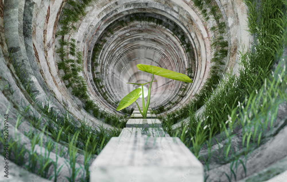 Fototapeta premium small plant and grass in cemen tunnel, 3d illustration rendering