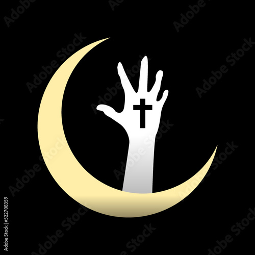 Golden yellow christian cross crucifix with white zombies hand in graveyard on crescent moon Halloween flat icon vector design.