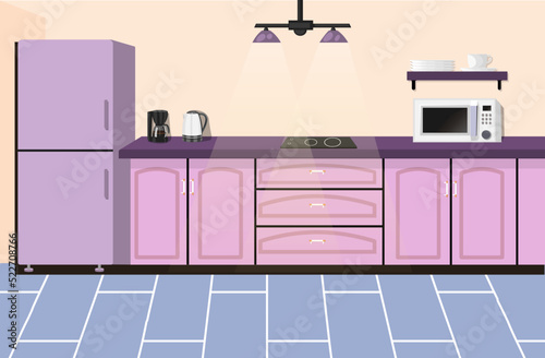 Kitchen in a pink color. There is a kitchen furniture, a refrigerator, a microwave, a kettle and other objects in the picture, apartment, background, cooking, cup, cupboard, decoration, design, dining