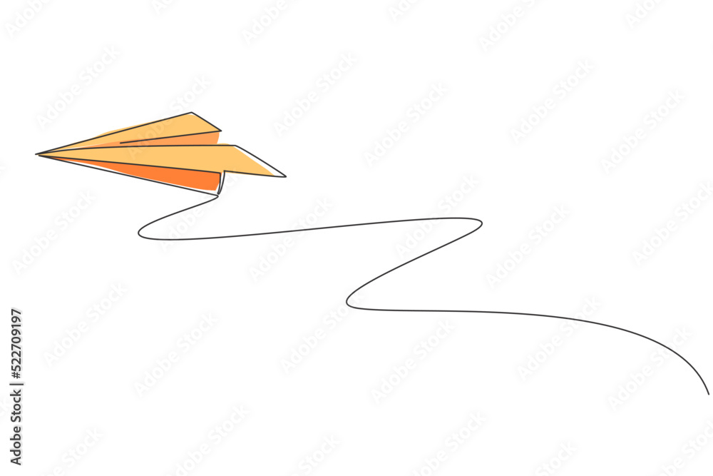 Single continuous line drawing of flying paper plane on sky. Origami toy concept. Trendy one line draw graphic design vector illustration