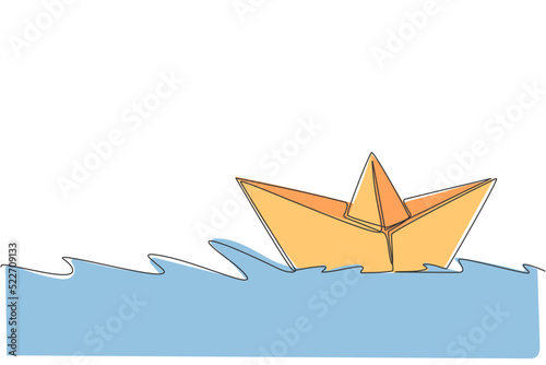 Single continuous line drawing of paper boat sailing on the water river. Origami toy concept. Trendy one line draw design graphic vector illustration