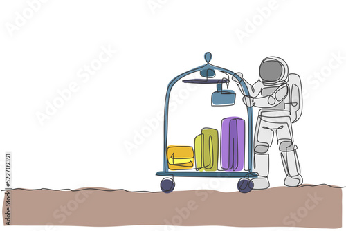 One single line drawing of young room boy astronaut pushing luggage trolley with suitcases and bags vector illustration. Hotel service. Cosmonaut deep space concept. Modern continuous line draw design