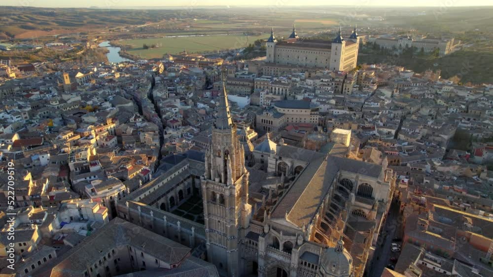 Aerial view of Toledo, Spain, historic center of city, castle Alcazar de Toledo - landscape panorama of Castilla, La Mancha from above, Spain, Europe