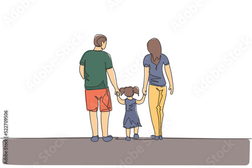 Single continuous line drawing of happy young father and mother lead their daughter walking together, holding her hands. Happy family concept. Trendy one line draw design graphic vector illustration