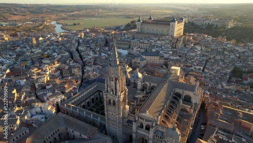 Aerial view of Toledo, Spain, historic center of city, castle Alcazar de Toledo - landscape panorama of Castilla, La Mancha from above, Spain, Europe photo