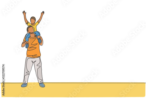 One single line drawing of young happy father playing together and lifting his son on the shoulder vector graphic illustration. Parenting education concept. Modern continuous line draw design
