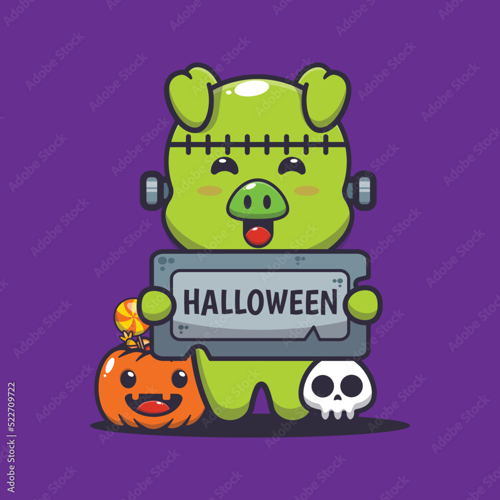 cute zombie pig holding halloween greeting stone. Cute halloween animal  cartoon illustration. Stock Vector | Adobe Stock