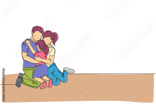 One continuous line drawing of young happy mom and dad hugging their daughter full of warmth . Happy loving parenting family concept. Dynamic single line draw design vector illustration graphic