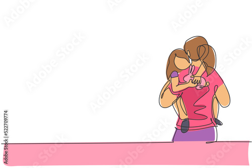 Single continuous line drawing of young mom hugging her sleepy daughter who hold rabbit doll go to the room. Happy family parenting concept. Trendy one line draw design graphic vector illustration