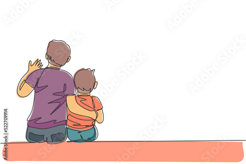 One single line drawing of young happy dad talking with his son about idea and purpose of life at home vector illustration. Parenting education. Family parenthood concept. Continuous line draw design