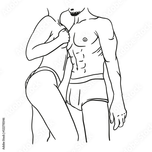 Continuous one line vector drawing of Beautiful couple in sleeping pose on pillows. Minimalistic contour illustration young lovers after sex. Man and woman woke up in the morning and hugging