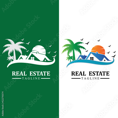 Real estate logo design icons with sun and birds free