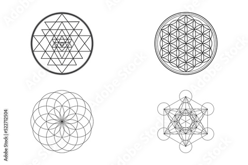 Sacred Geometry Background, Sri Yantra, Flower Of Life, Torus, Metatron Symbols Isolated on White Background Illustration, 4 Sacred Geometry Ancient Spiritual Symbol