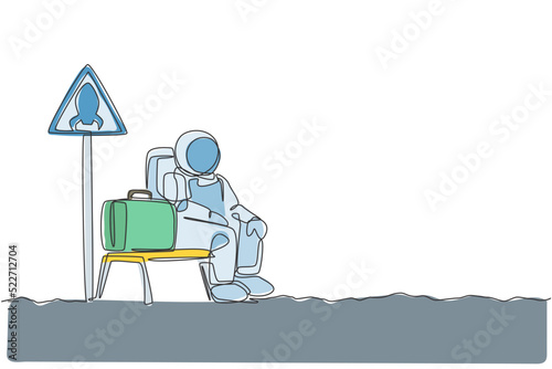 One single line drawing of young happy astronaut siting in rocket stop chair beside rocket sign board graphic vector illustration. Cosmonaut outer space concept. Modern continuous line draw design