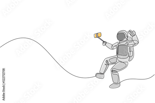 Single continuous line drawing of young astronaut doing selfie shoot while floating in outer space. Space man cosmic galaxy concept. Trendy one line draw graphic design vector illustration