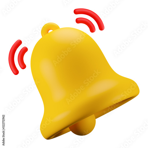 3d yellow bell alert notification 3d icon isolated transparent background. 3d render illustration.