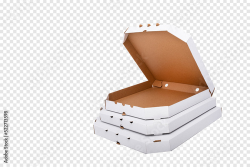 White carton pizza boxes isolated on white background, restaurant delivery packging concept. Empty pizza box, mock up copy space. Many stacked white carton pizza boxes of different sizes photo