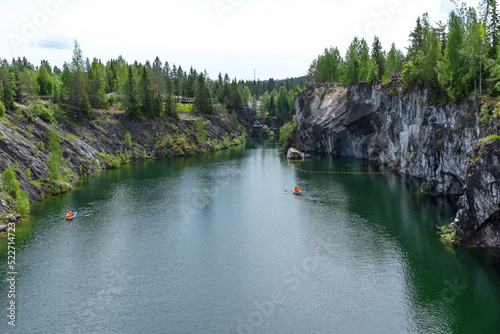 Panoramic summer view of Marble Lake in Ruskeala Park in Karelia, Russia. Popular tourist attraction.