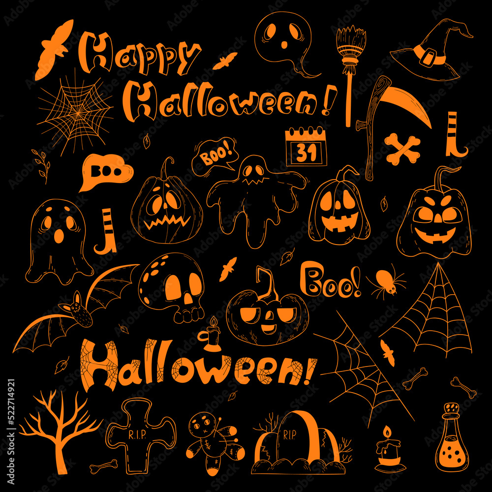 Big collection Halloween. Jack pumpkin, ghost, spider web, grave, skull, witch hat, potion, broom and scythe. Vecto linear hand doodle. Isolated outline elements for decor, design and decoration.