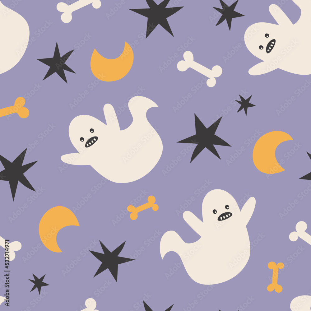Happy Halloween cute vector seamless pattern with cartoon ghost. Creative childish texture in scandinavian style. Great for fabric, textile Vector Illustration.