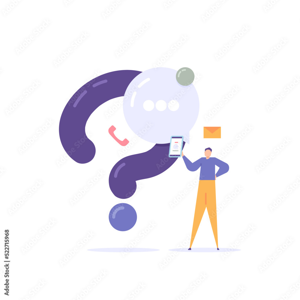 Frequently asked questions or FAQs. online support and help center. chat and answers to questions. A user uses a smartphone to ask a question. flat cartoon illustration. vector concept design Frequently asked questions or FAQs. online support and help center. chat and answers to questions. A user uses a smartphone to ask a question. flat cartoon illustration. vector concept design