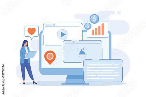 Content aggregator software, best media content in one place, selected texts for resale, aggregation tools, business model flat design modern illustration