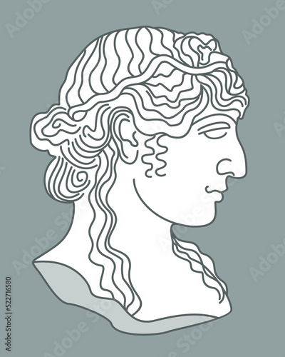 Vector illustration of female greek statue isolated on deep grey background. Profile look.