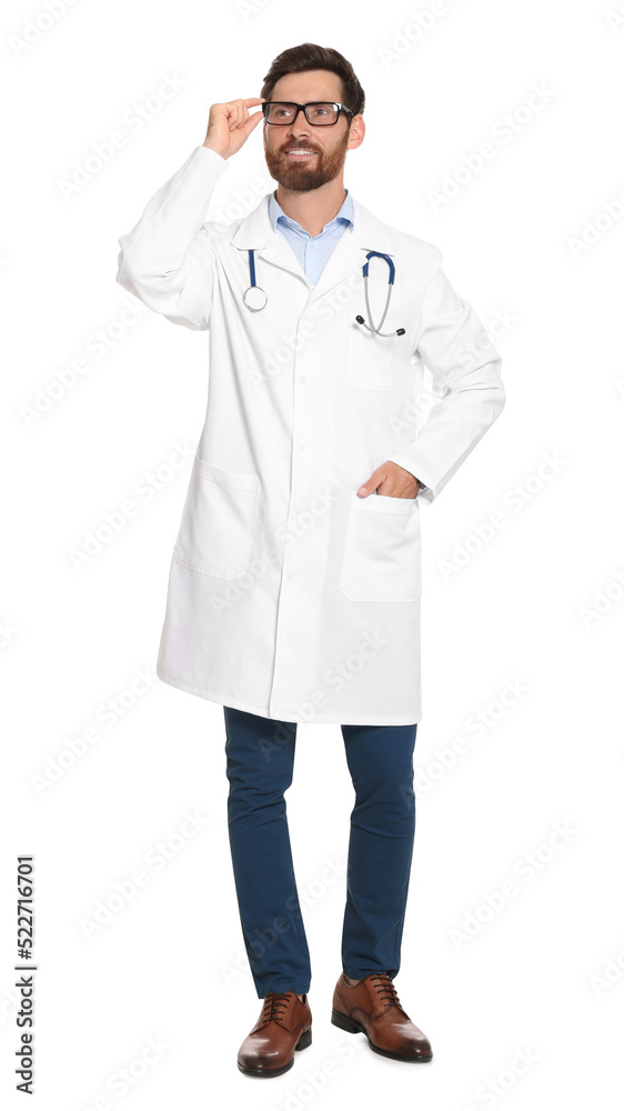 Full length portrait of doctor with stethoscope on white background Full length portrait of doctor with stethoscope on white background