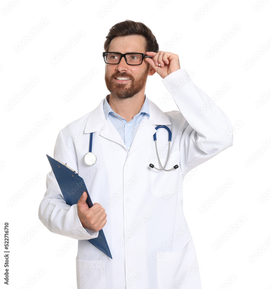 Doctor with stethoscope and clipboard on white background Doctor with stethoscope and clipboard on white background