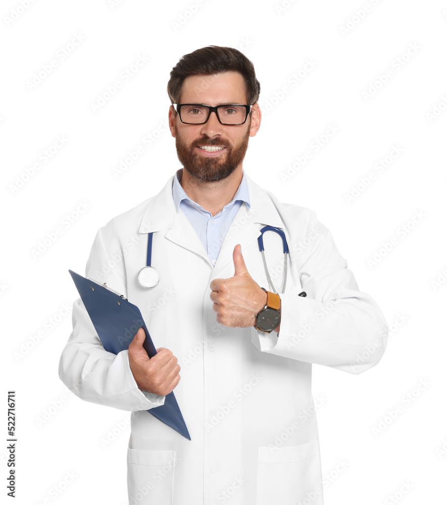 Doctor with stethoscope and clipboard showing thumb up on white background Doctor with stethoscope and clipboard showing thumb up on white background
