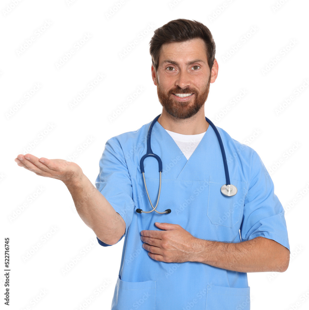 Portrait of doctor in scrubs on white background Portrait of doctor in scrubs on white background