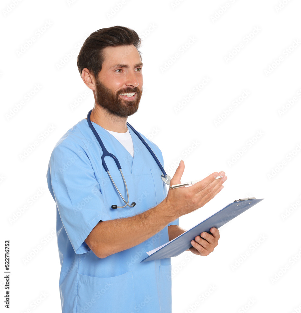 Happy doctor with stethoscope and clipboard on white background Happy doctor with stethoscope and clipboard on white background