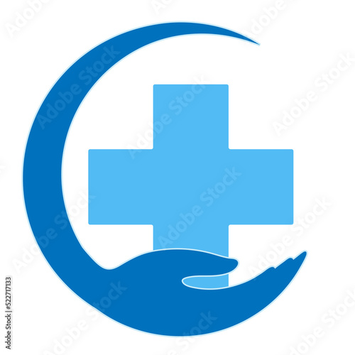 Medical care logo illustration. Hand with a cross on a white background.