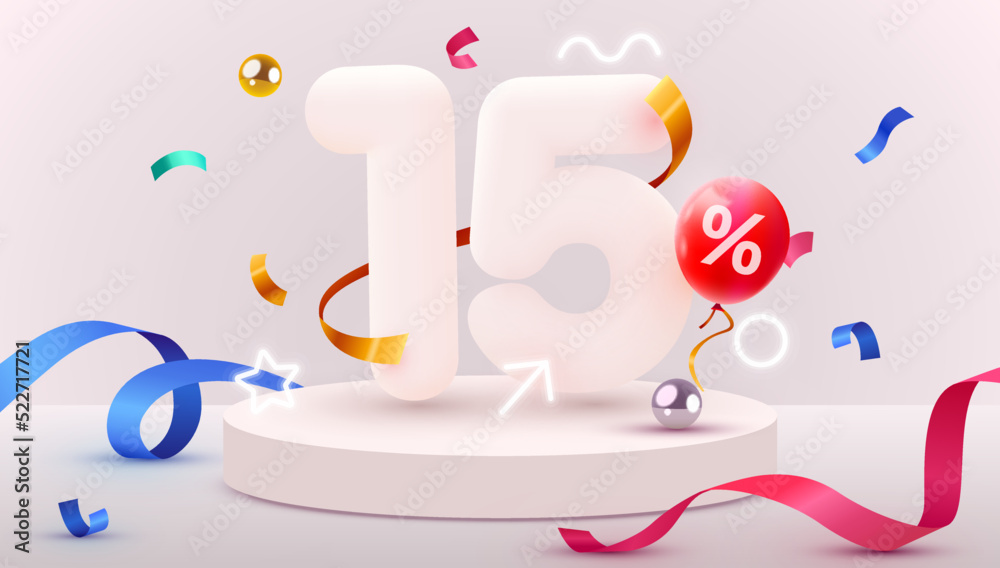 15 percent Off. Discount creative composition. 3d sale symbol with decorative objects, balloons, golden confetti, podium and gift box. Sale banner and poster. 15 percent Off. Discount creative composition. 3d sale symbol with decorative objects, balloons, golden confetti, podium and gift box. Sale banner and poster.
