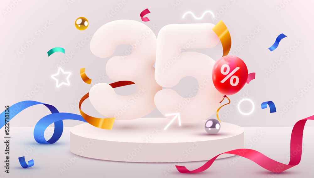 35 percent Off. Discount creative composition. 3d sale symbol with decorative objects, balloons, golden confetti, podium and gift box. Sale banner and poster.