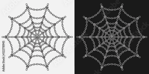 Spider web of steel chain with rivets isolated on a dark and white background. Decorative creative vector illustration for Halloween holiday.