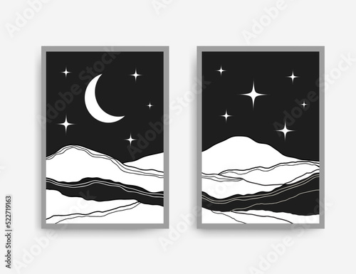 Wall art print vector set with night landscape in boho style. Wall decor set in Mid Century Modern style with moon and stars for prints, wallpaper, posters. Minimal vector design for bedroom, nursery