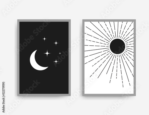 Sun and moon art prints vector set. Wall decor in Mid Century Modern style. Boho prints set. Geometric abstract minimal wall art set design for posters, printable. Decor for bedroom. Vector design