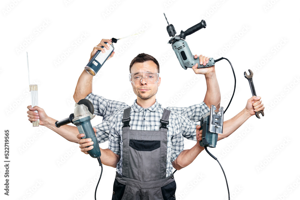 Funny craftsman with 6 arms and tools - on transparent background Funny craftsman with 6 arms and tools - on transparent background
