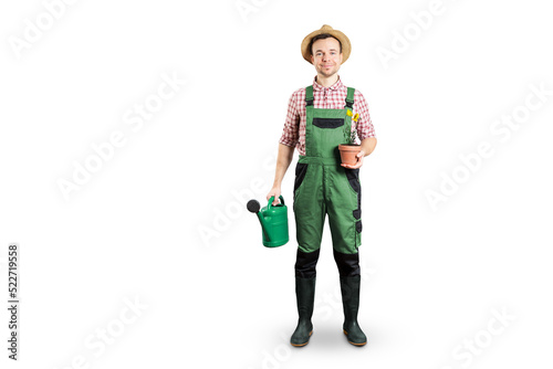 Happy gardener with a watering can and a flower pot
