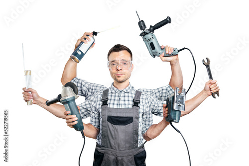Funny craftsman with 6 arms and tools - on transparent background photo