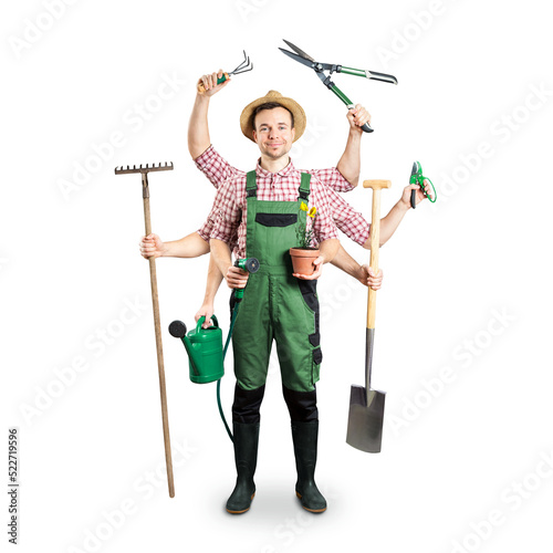 Funny gardener with multiple arms and tools photo