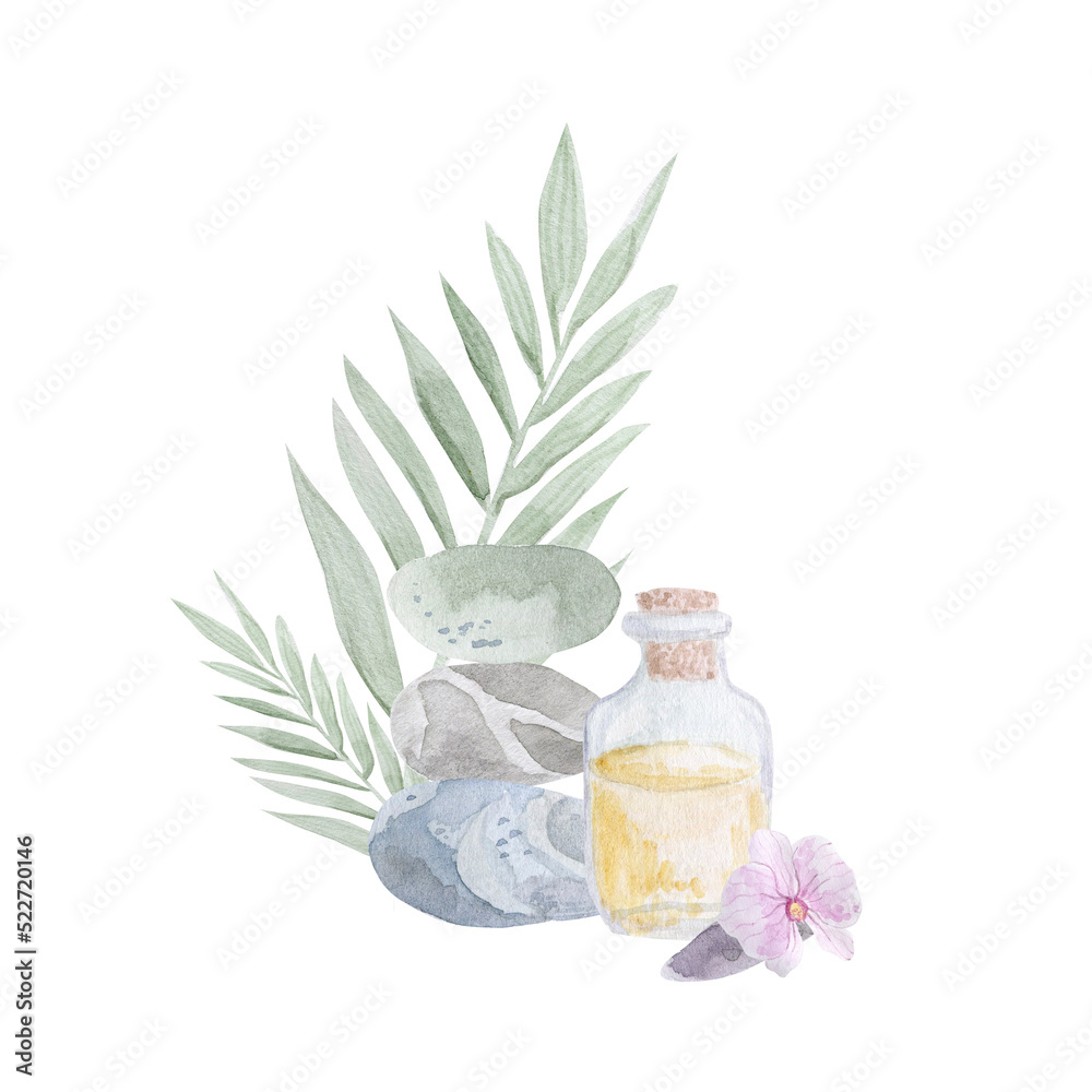 Set of spa elements, spa salon banner, placard. Watercolor illustration. Set of spa elements, spa salon banner, placard. Watercolor illustration.