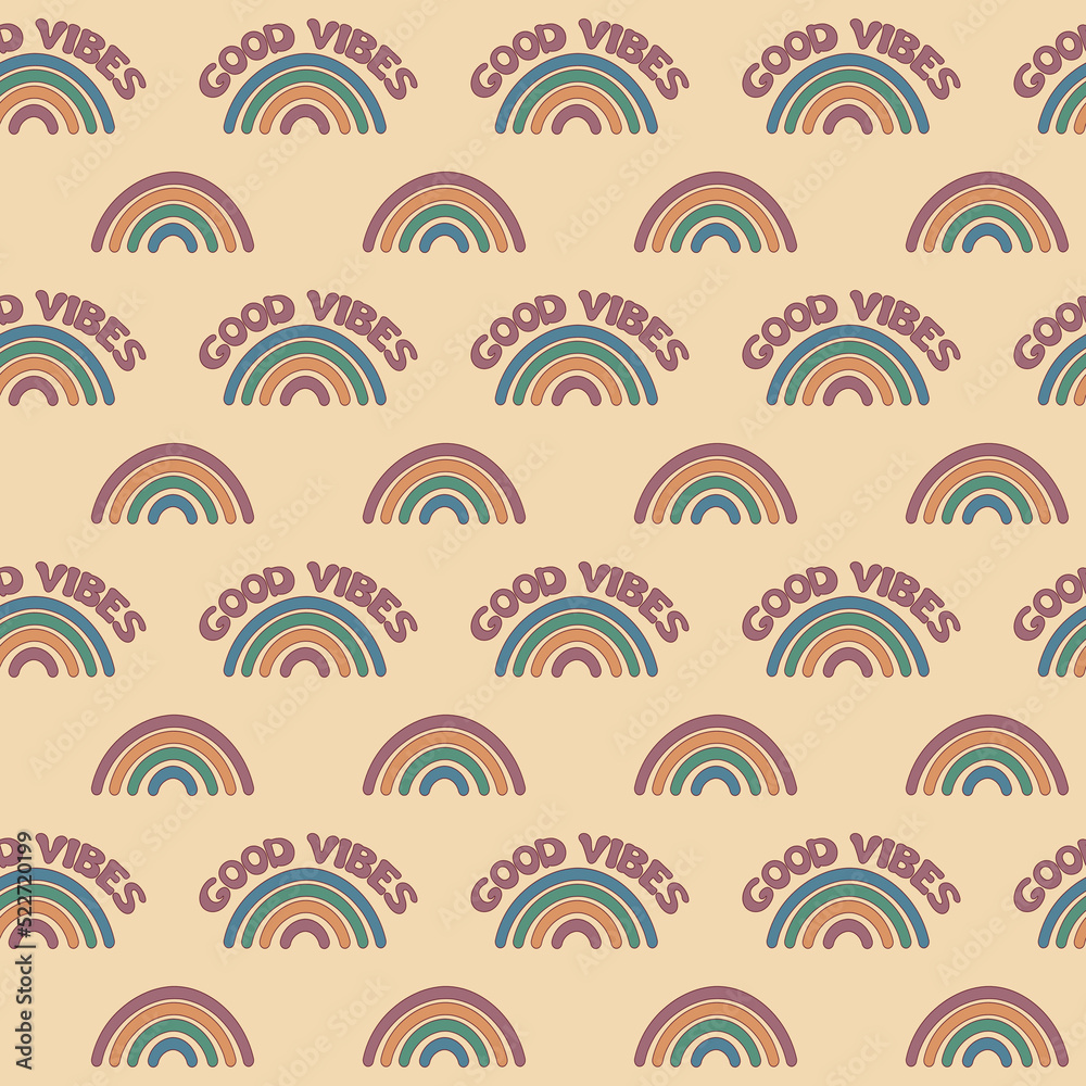 Groovy rainbows pattern. Good vibes concept. Seamless trendy retro background with smiles. Repeat vintage pattern. Vector illustration Groovy rainbows pattern. Good vibes concept. Seamless trendy retro background with smiles. Repeat vintage pattern. Vector illustration