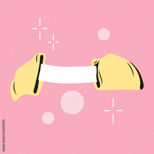 Opened fortune cookie with prediction paper. Traditional Chinese flowerless wisdom cookies. Lottery with a surprise in a crunchy dessert. Isolated vector illustration retro style 60s