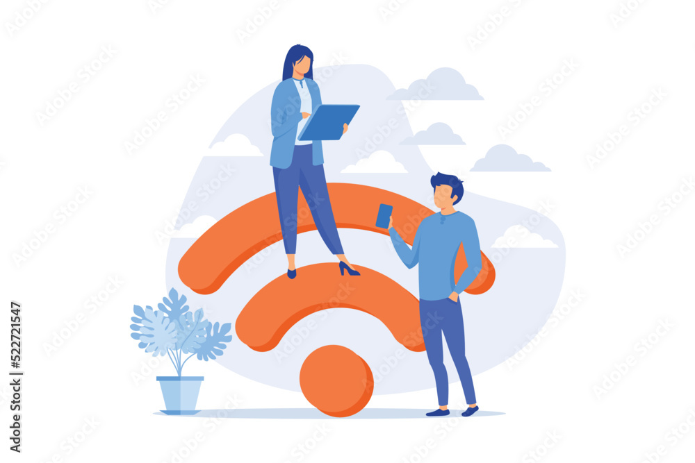 Public wi fi hotspot. Wireless technology, free signal zone, web connection. People surfing internet using portable gadgets, smartphone and laptop flat design modern illustration Public wi fi hotspot. Wireless technology, free signal zone, web connection. People surfing internet using portable gadgets, smartphone and laptop flat design modern illustration