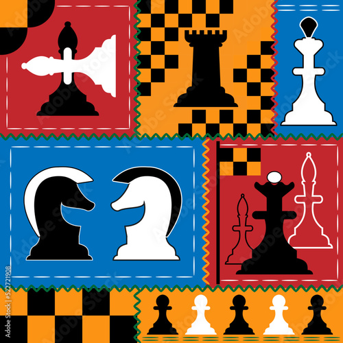 Multicolored Patchwork with chess pieces.