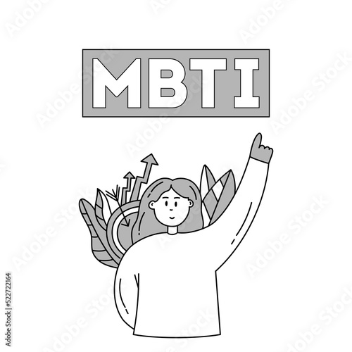Socionics mbti. The girl points her finger at the banner mbti. Young women doodle vector illustration on white background. 